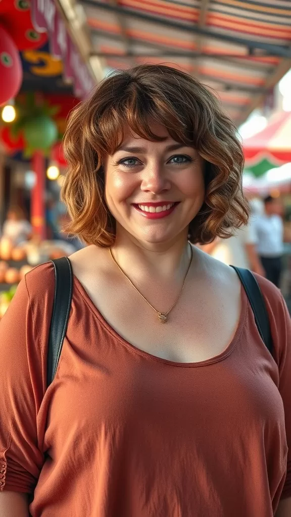 A woman with a short wavy bob hairstyle and fringed ends, smiling in a colorful outdoor market.