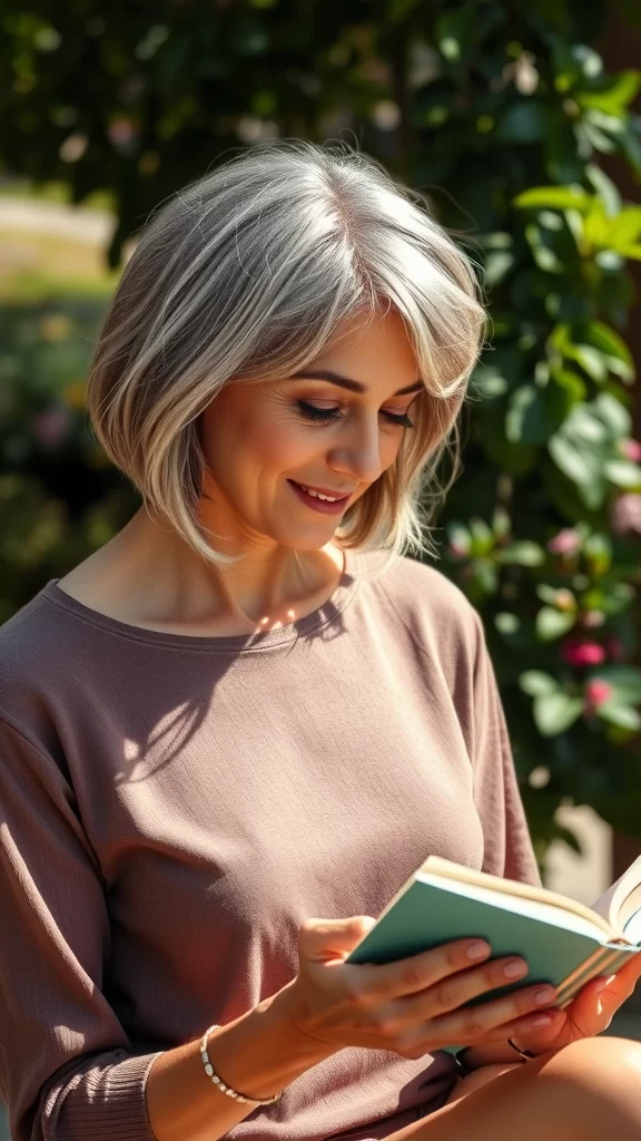 Woman with a short wavy bob and middle part reading a book outdoors