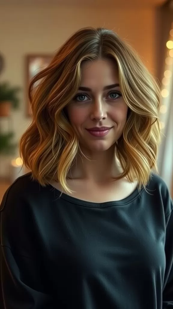 A woman with a shoulder-grazing curly bob hairstyle, smiling and looking stylish.