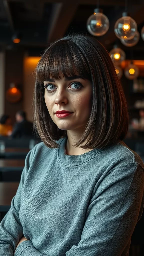 A woman with shoulder-length hair and blunt bangs, sitting in a cafe, showcasing a modern hairstyle.
