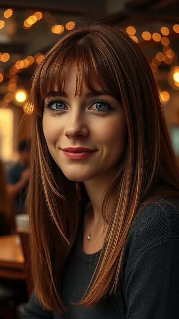 A woman with shoulder-length hair and long, soft bangs, smiling softly in a cozy setting.