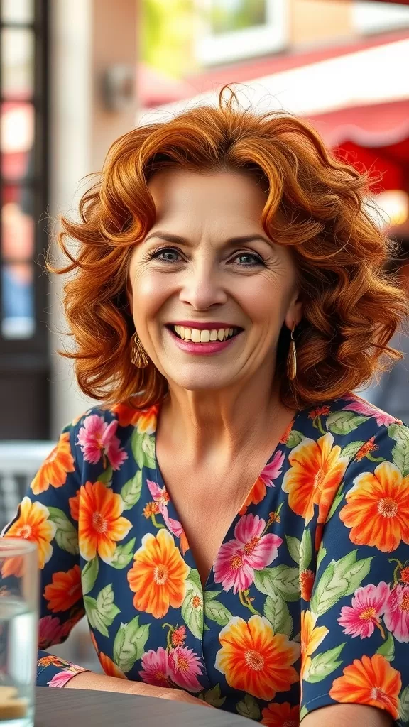 A smiling woman with shoulder-length voluminous curls, wearing a colorful floral dress.