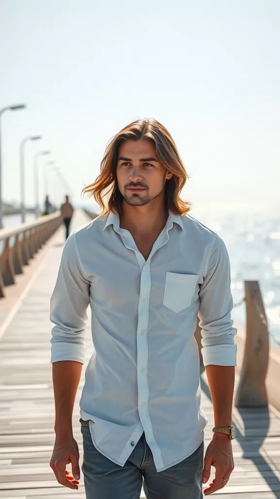 A man with shoulder-length layered hair walking by the water in a casual outfit.