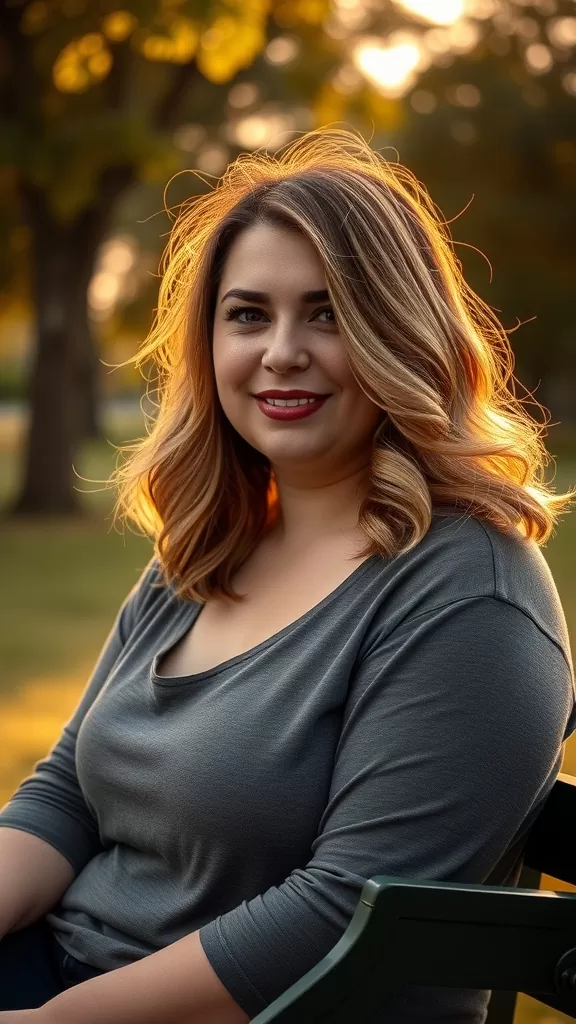 A woman with shoulder-length wavy hair smiling outdoors.