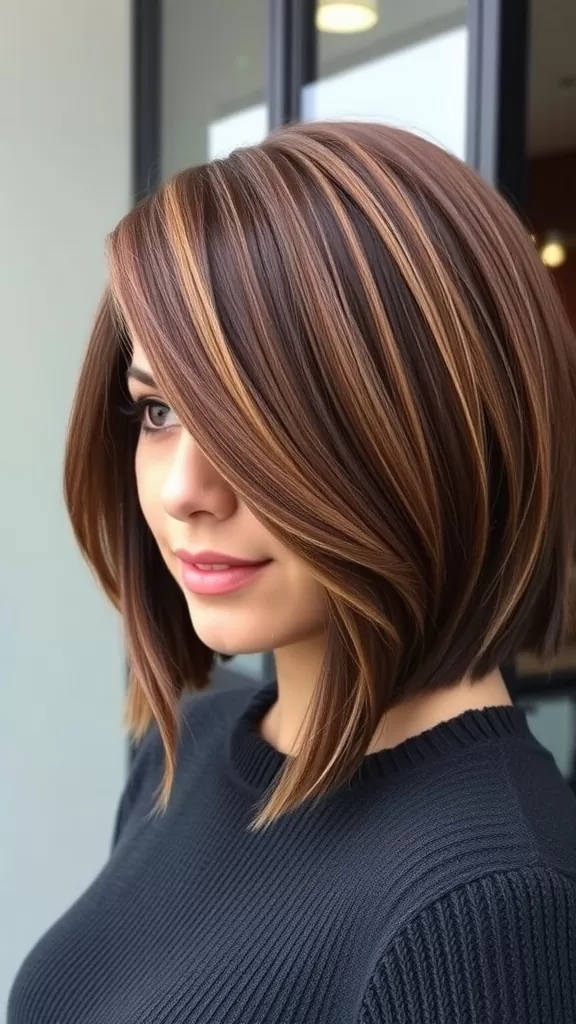 A woman with a side-parted bob hairstyle, featuring soft layers and highlights, showcasing a stylish look for round faces.