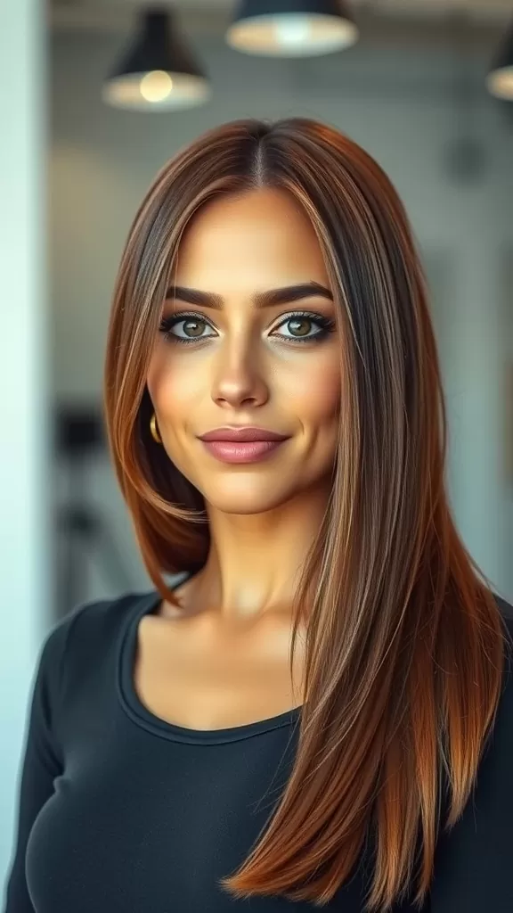 A woman with long straight hair styled in a side part, showcasing a sleek and polished look.
