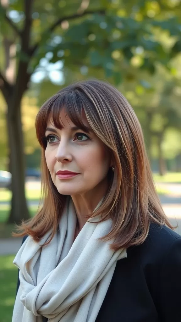 A woman with side-swept bangs standing outdoors, looking elegant and confident.