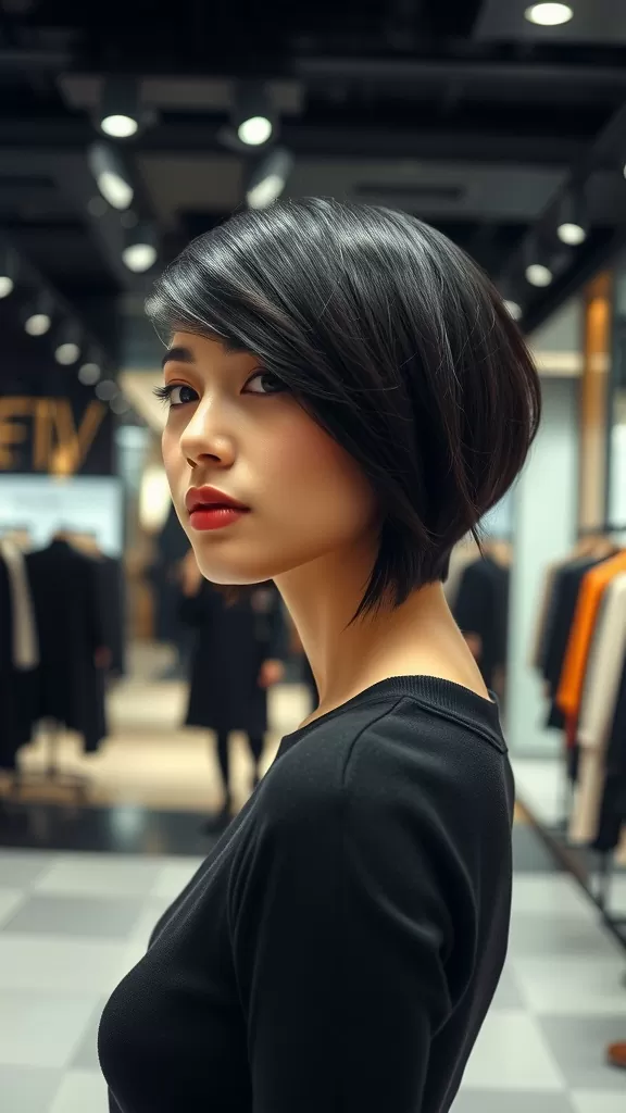 A woman with a side-swept bangs and an asymmetrical bob hairstyle, looking stylish.