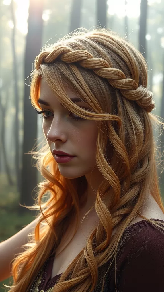 A woman with long, wavy hair styled in side-swept bangs and a braided crown, set in a misty forest.