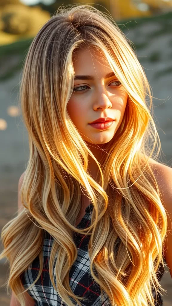 A woman with side-swept bangs and loose waves, showcasing a stylish and relaxed hairstyle.