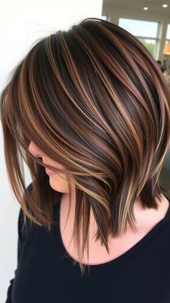 A stylish side-swept bob haircut with highlights, showcasing a trendy look for round-faced women.