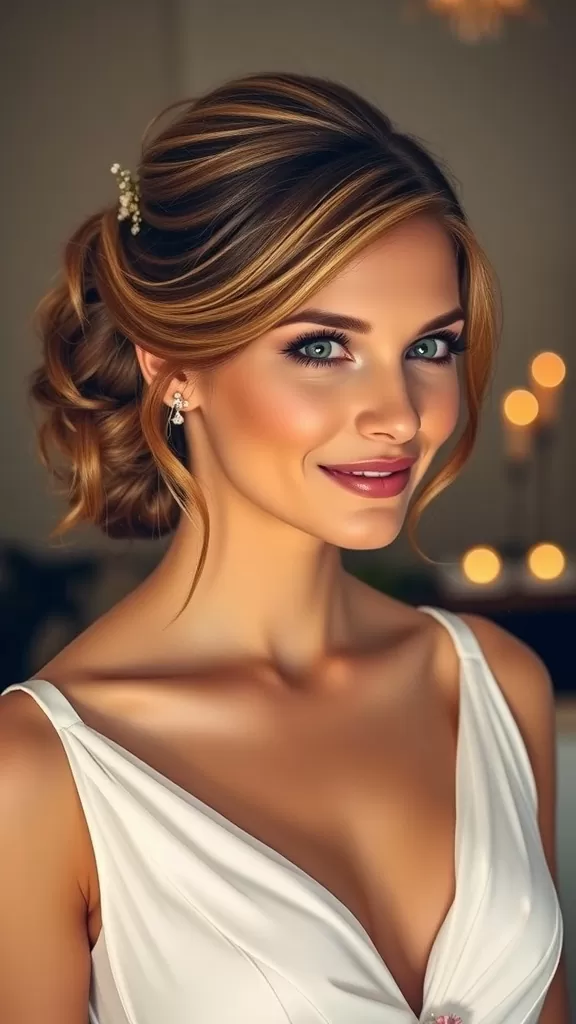 A bride with a side-swept bun featuring feathery details and floral accents.