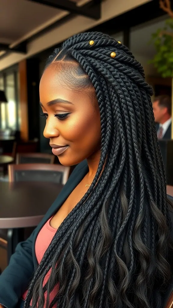 Woman with side-swept cornrows styled with gold beads