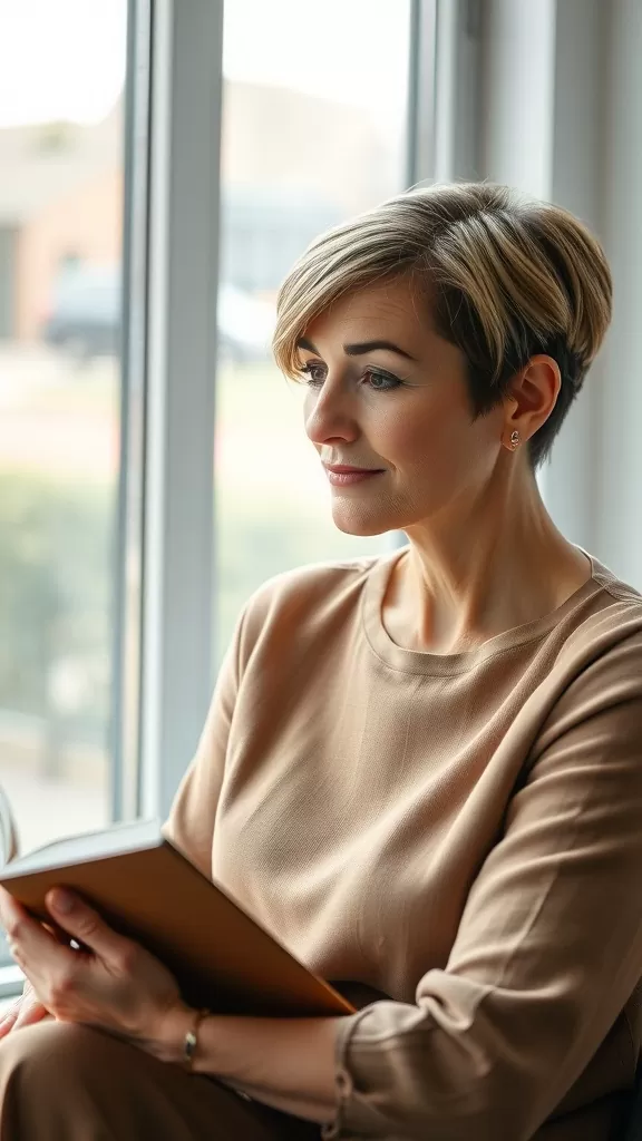 A woman with a side-swept crop hairstyle, looking thoughtfully out the window while holding a book.