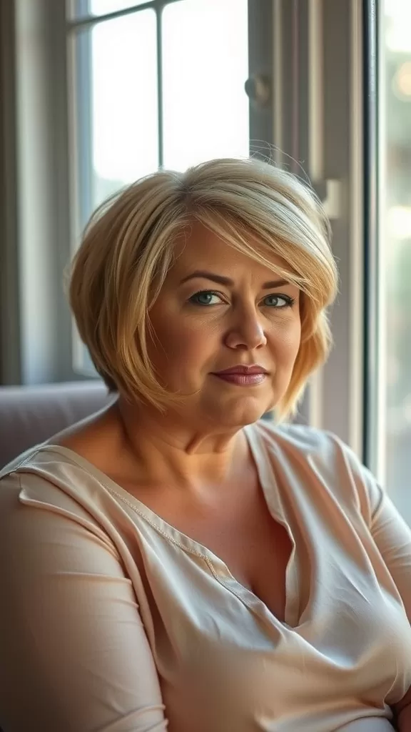 A woman with a side-swept crop haircut, looking confidently at the camera, seated by a window.