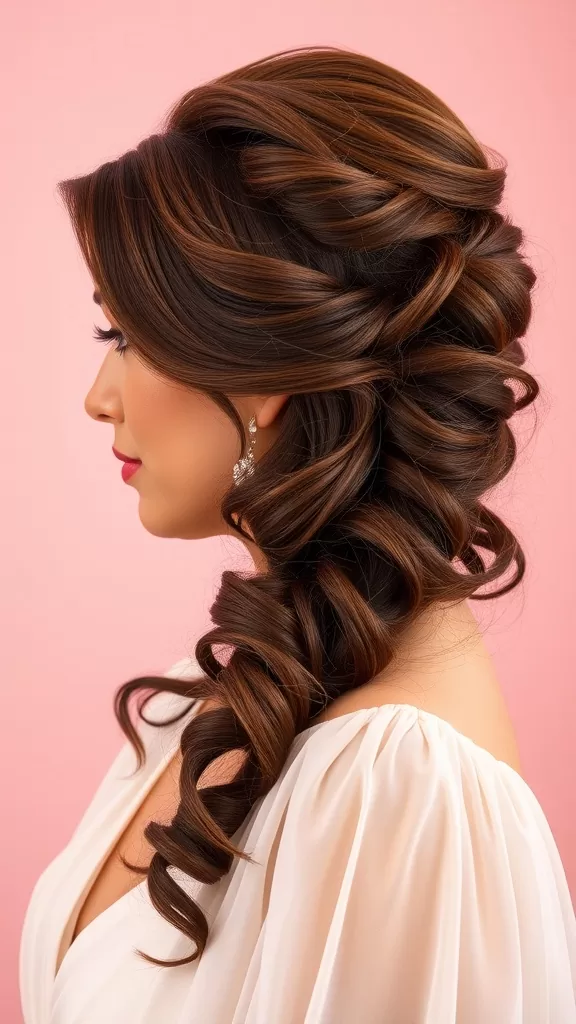 A side-swept curled updo hairstyle, with warm-toned curls cascading to one side, styled elegantly