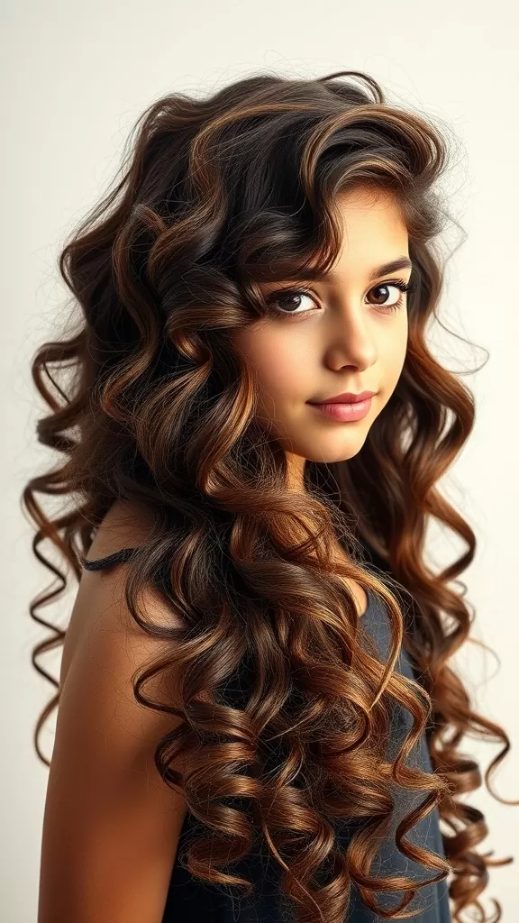 A teenage girl with long, voluminous side-swept curls, showcasing a beautiful hairstyle.