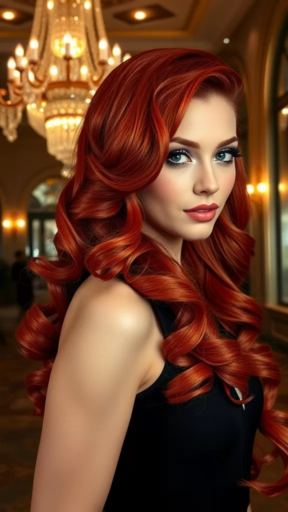 A woman with long, red side-swept Hollywood curls, standing in an elegant setting with a chandelier in the background.