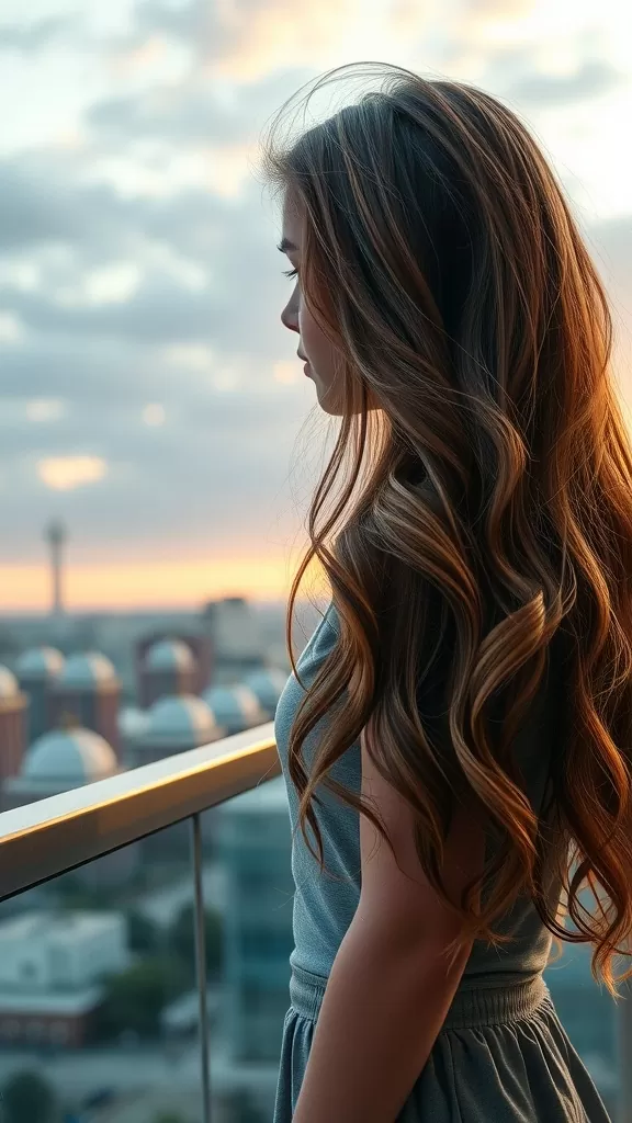 A girl with long, loose waves, looking away from the camera with a cityscape background.