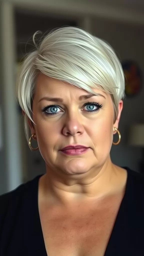 A stylish woman with a side-swept pixie haircut, showcasing a modern and elegant look.