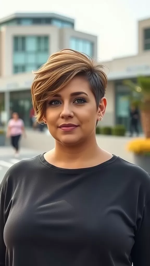 A woman with a side-swept pixie cut standing outside, wearing a black shirt.