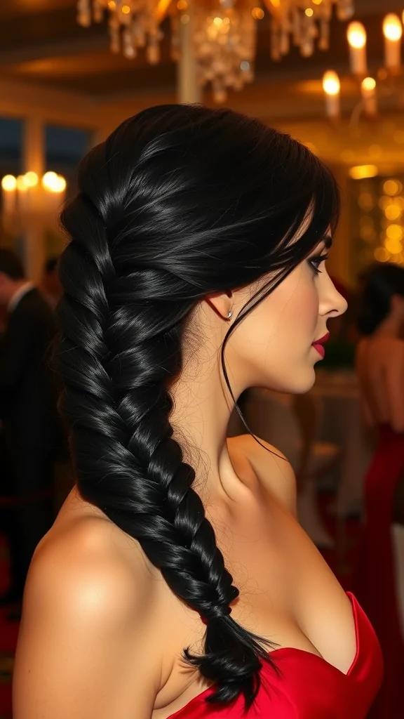 A woman with a side-swept rope twist hairstyle, showcasing glossy black hair styled elegantly.