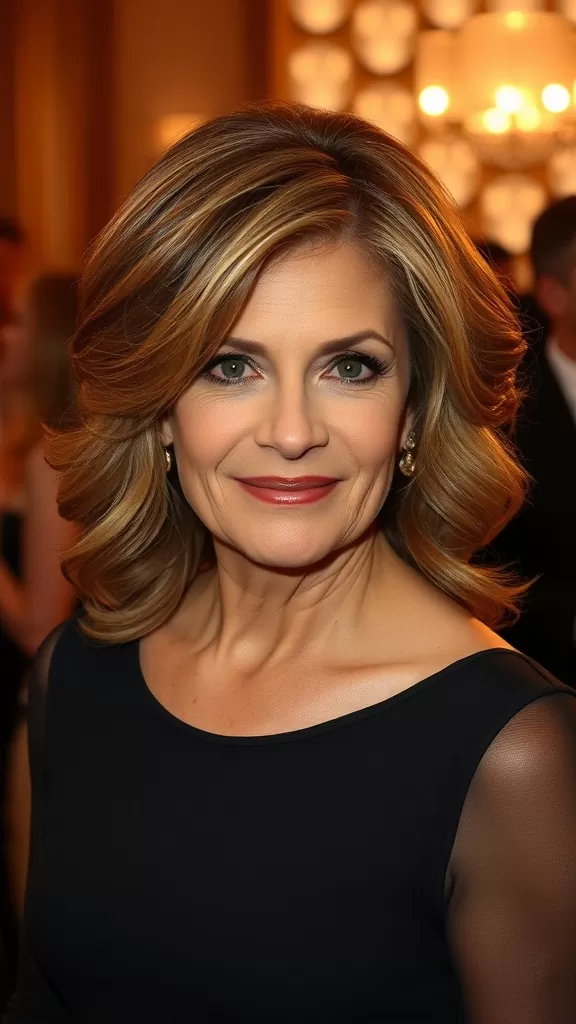 A woman with medium length side-swept waves, showcasing a stylish and elegant look.