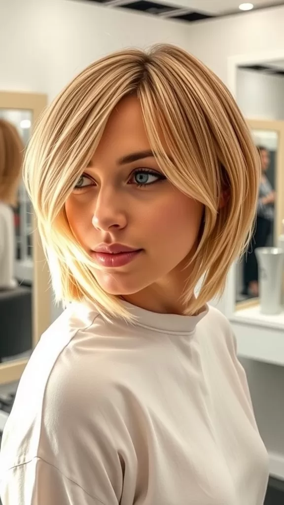 A woman with a layered bob and side bangs, looking stylish and confident.