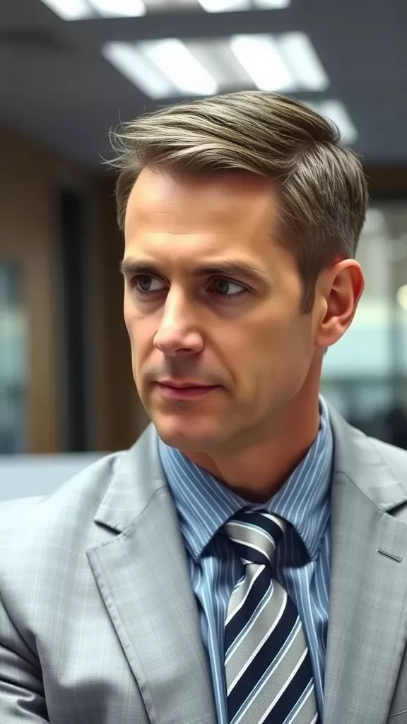 A man in a suit with a stylish side part hairstyle