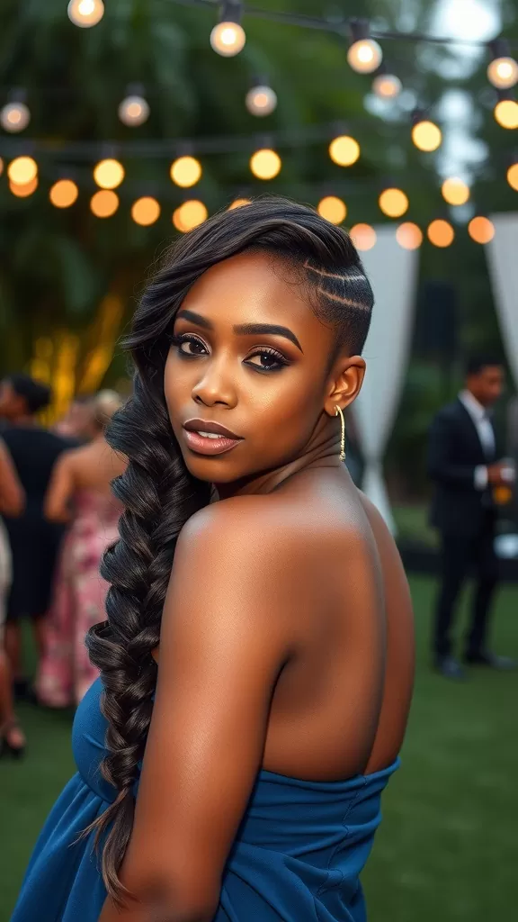 A woman with a side swept fishtail braid updo, wearing a blue dress, standing in a beautifully lit outdoor setting.