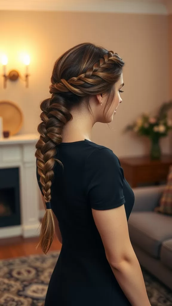 A woman with a side swept fishtail braid hairstyle, showcasing a stylish updo for medium hair.
