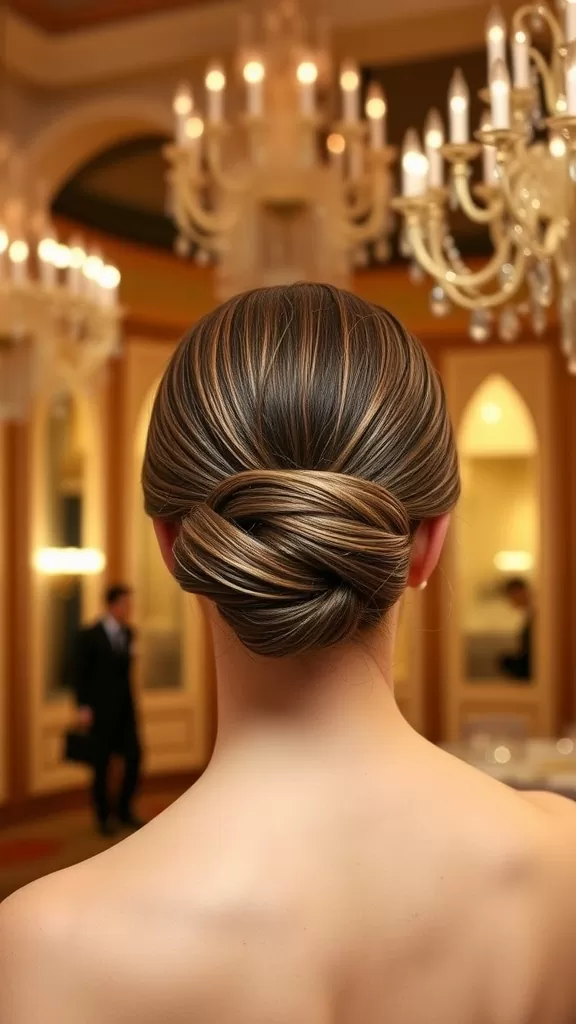 A close-up view of a rolled updo hairstyle for medium hair, showcasing smooth strands styled into a neat bun, set against an elegant background with chandeliers.