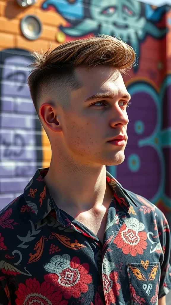 A young man with a stylish skin fade haircut and a colorful floral shirt, standing against a graffiti background.