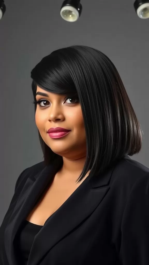 A woman with a sleek asymmetrical bob hairstyle, wearing a stylish black outfit and bold makeup.