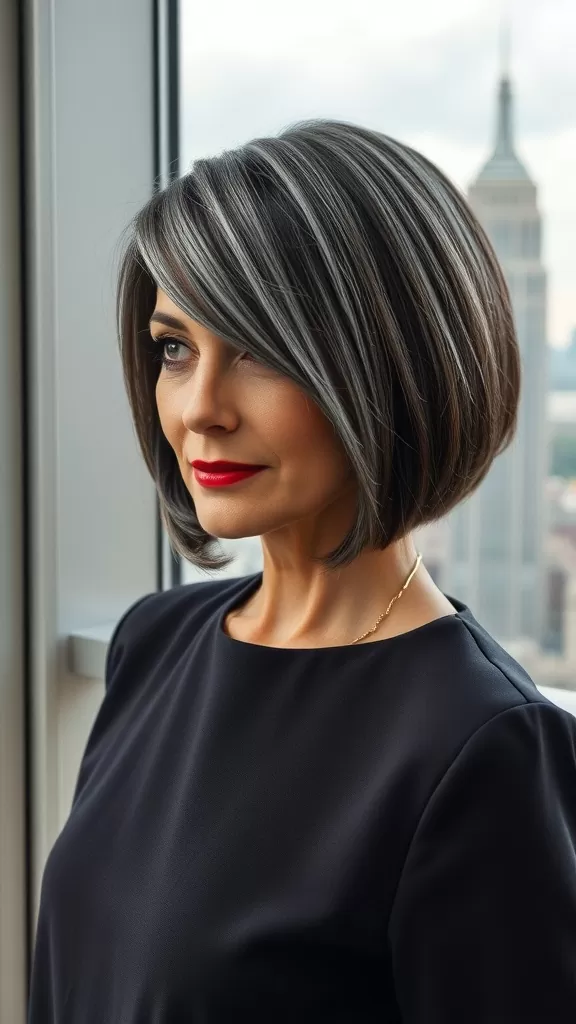 A woman with a sleek bob haircut and side part, looking stylish with a city skyline in the background.