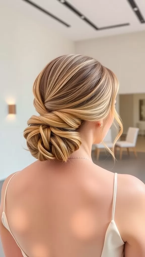 A woman showcasing a sleek chignon hairstyle with side-swept bangs.
