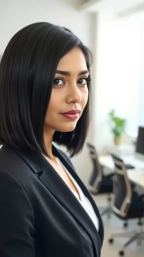 A woman with a sleek layered bob haircut, wearing a black blazer, standing in an office environment