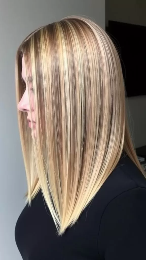Sleek lob haircut on a woman with straight, glossy hair.