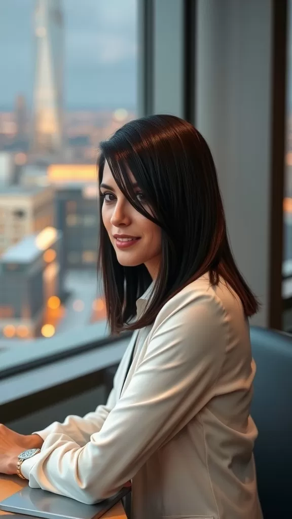 A woman with a sleek lob haircut and angled side bangs, sitting by a window with a city skyline in the background.