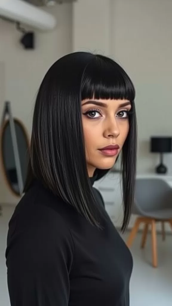 A woman with a sleek lob haircut and blunt bangs, looking stylish and modern.