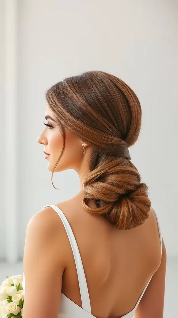 A bride showing off a sleek low bun hairstyle with a middle part, highlighted against her backless wedding dress.