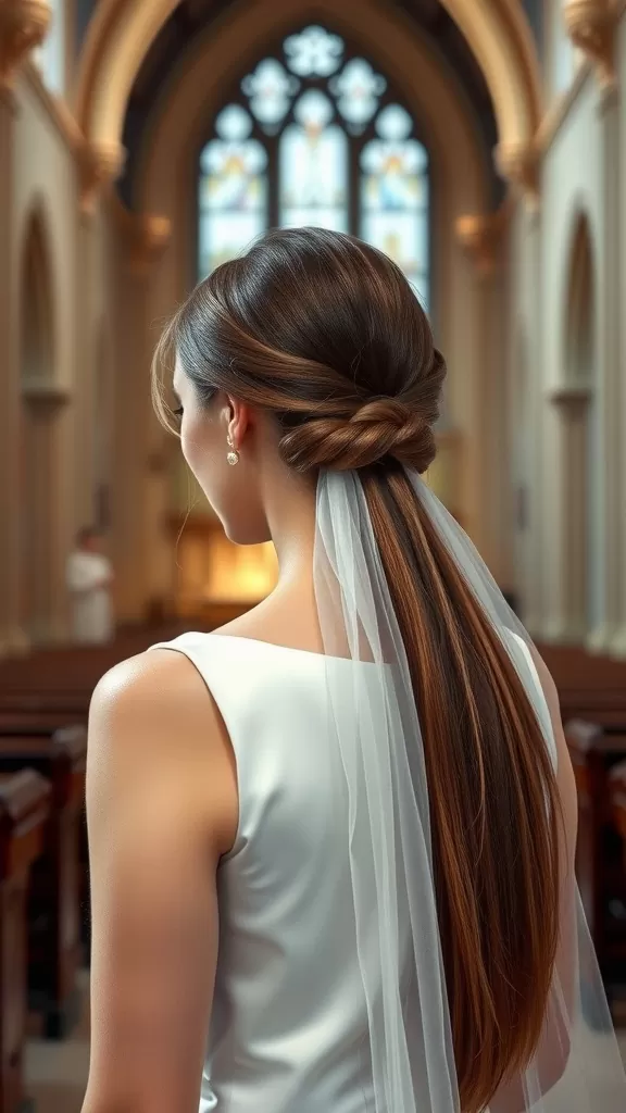 A bride with a sleek low knot hairstyle and a veil, showcasing elegance in a wedding setting.