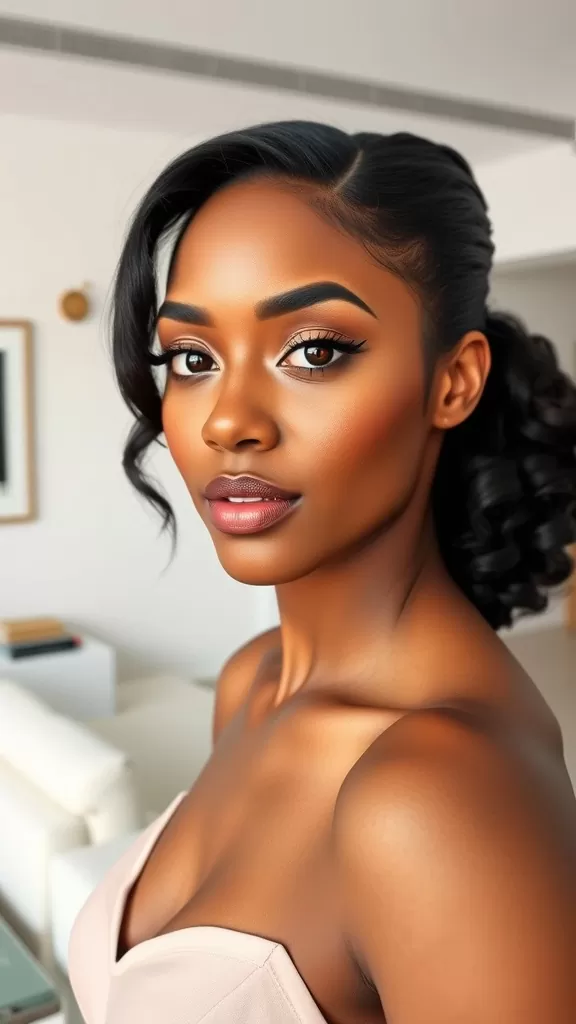 A woman with a sleek low ponytail featuring curly ends, showcasing a polished and elegant hairstyle.