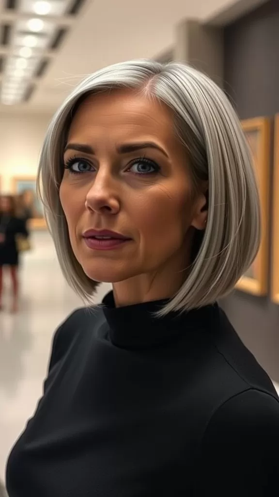 A woman with a sleek short bob hairstyle, featuring a middle part, looking confidently at the camera in a modern setting.