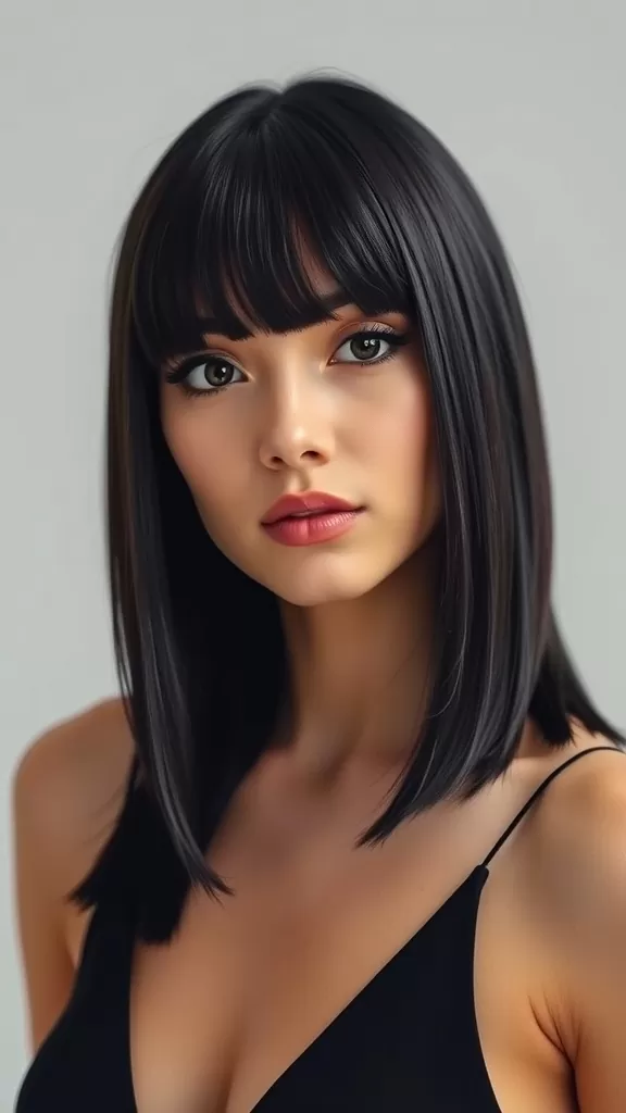 A woman with sleek shoulder-length hair and full bangs, looking confidently at the camera.