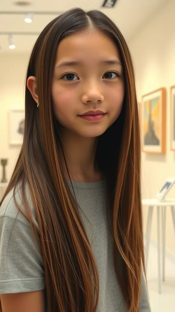 A girl with sleek straight hair and a middle part, showcasing a polished hairstyle.