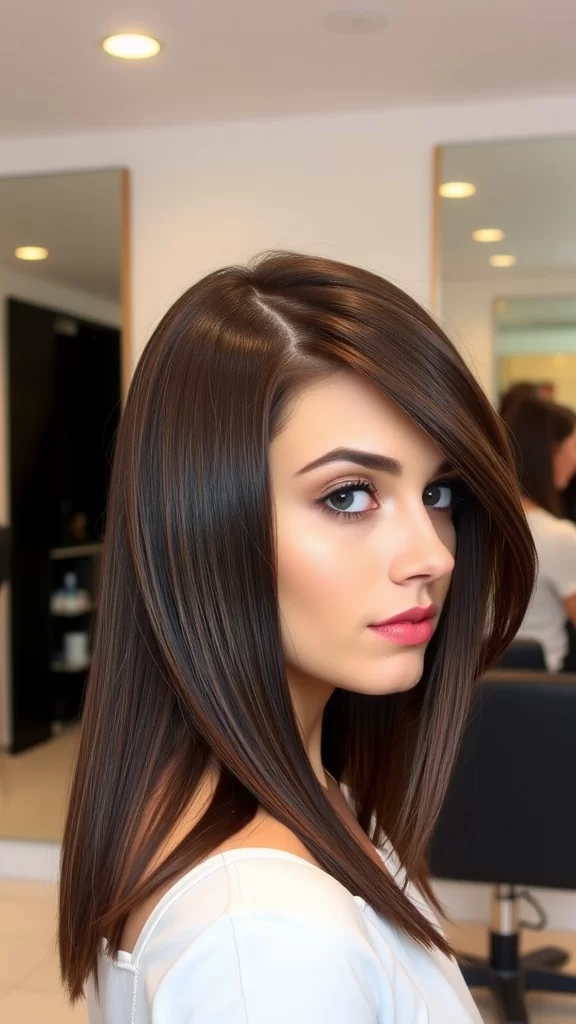 A woman with sleek long straight hair styled in a V-cut, showcasing a modern haircut