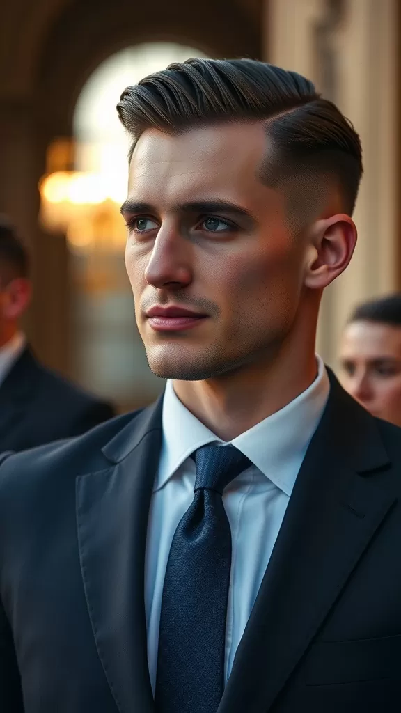 A man in a suit with a slick back undercut hairstyle, standing confidently.