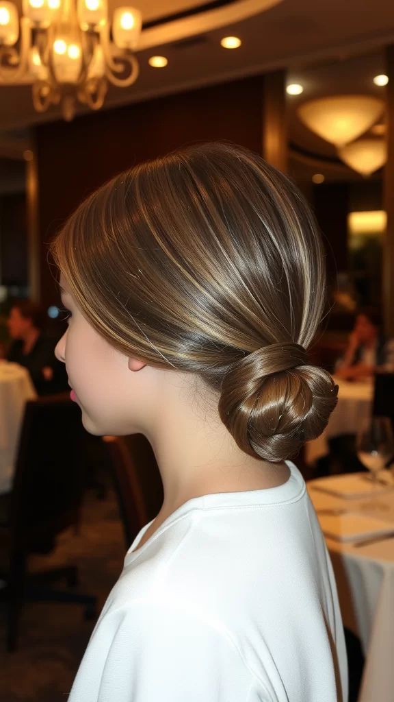 A teenage girl with a slicked-back bun hairstyle, sitting in a restaurant.