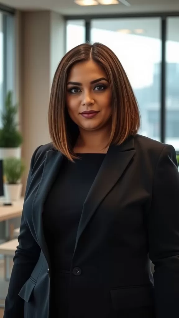 A woman with a soft A-line bob haircut, dressed in a black suit, standing in a modern office setting.